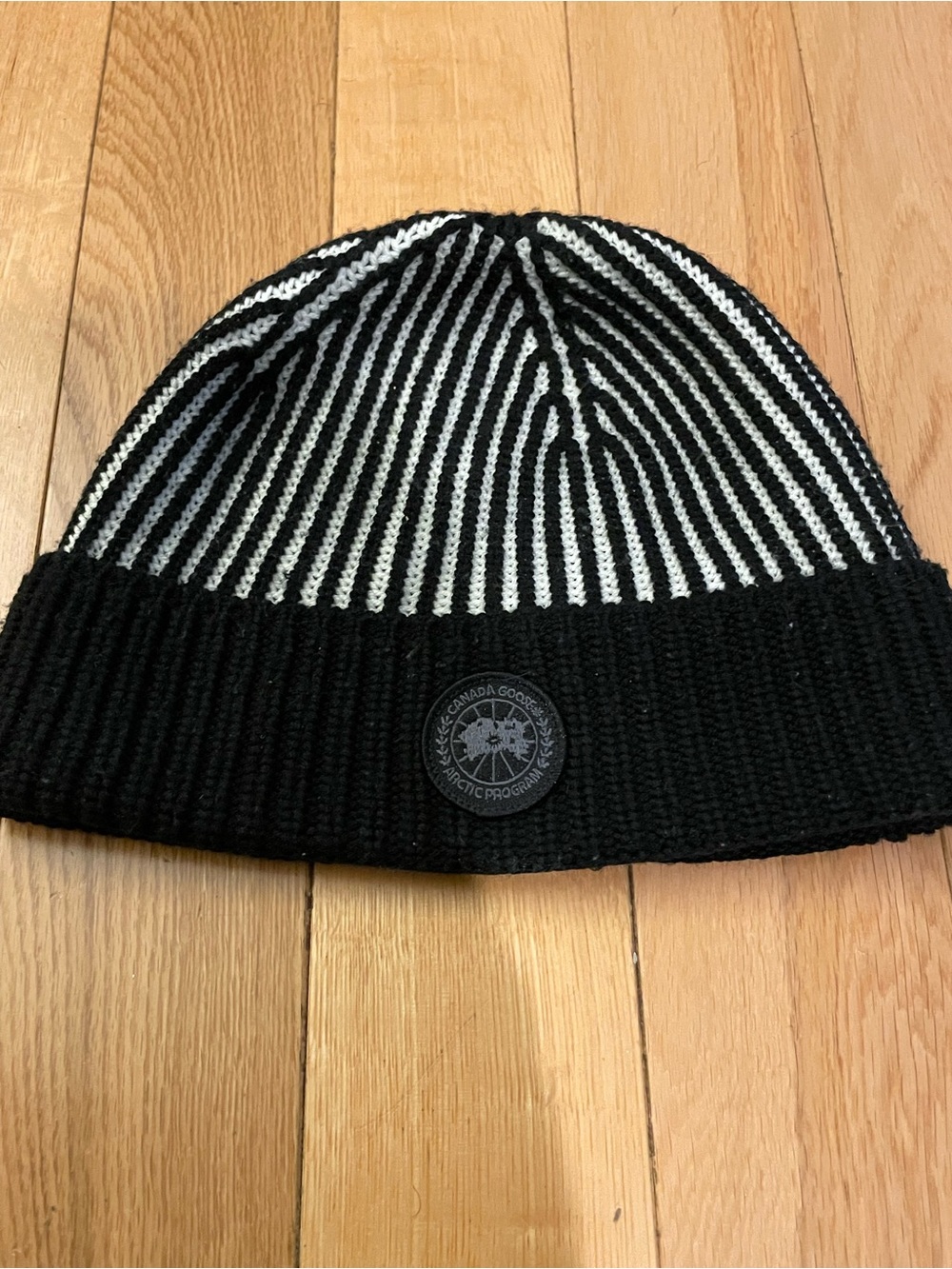 Canada Goose Black & White Striped Toggle Cuff Beanie